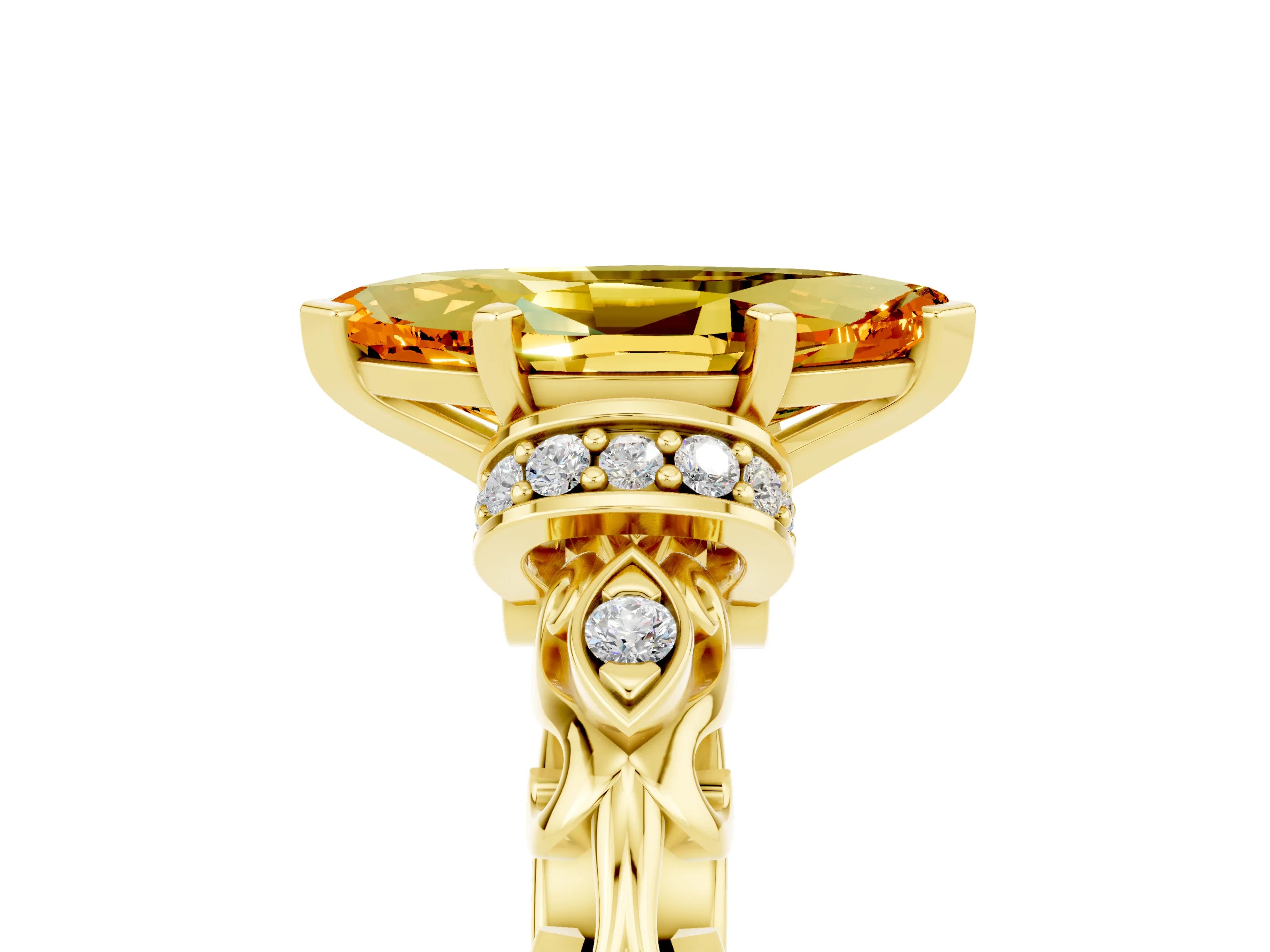 Yellow gold Marquise Cut Citrine Solitaire Ring with Filigree Band and Four-Prong Setting_29
