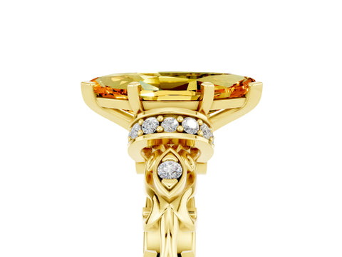 Yellow gold Marquise Cut Citrine Solitaire Ring with Filigree Band and Four-Prong Setting_29