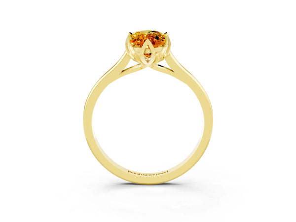 Yellow gold Marquise Cut Citrine Solitaire Ring with Flower Prong Setting and Classic Band