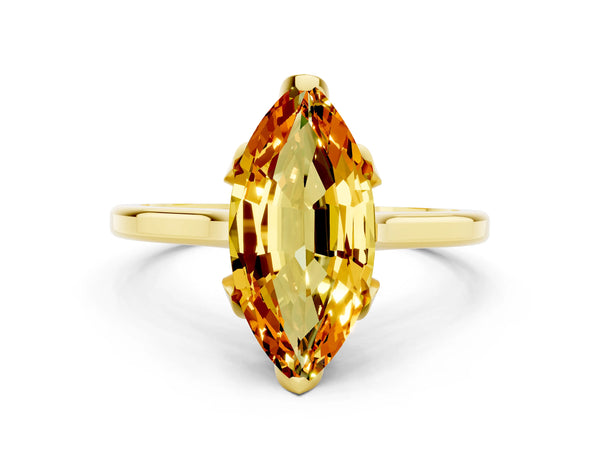 Yellow gold Marquise Cut Citrine Solitaire Ring with Flower Prong Setting and Classic Band