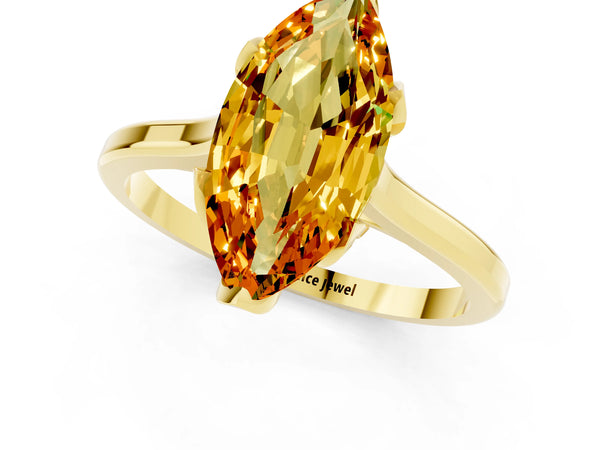 Yellow gold Marquise Cut Citrine Solitaire Ring with Flower Prong Setting and Classic Band