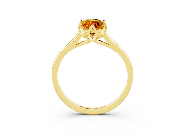 Yellow gold Marquise Cut Citrine Solitaire Ring with Flower Prong Setting and Classic Band
