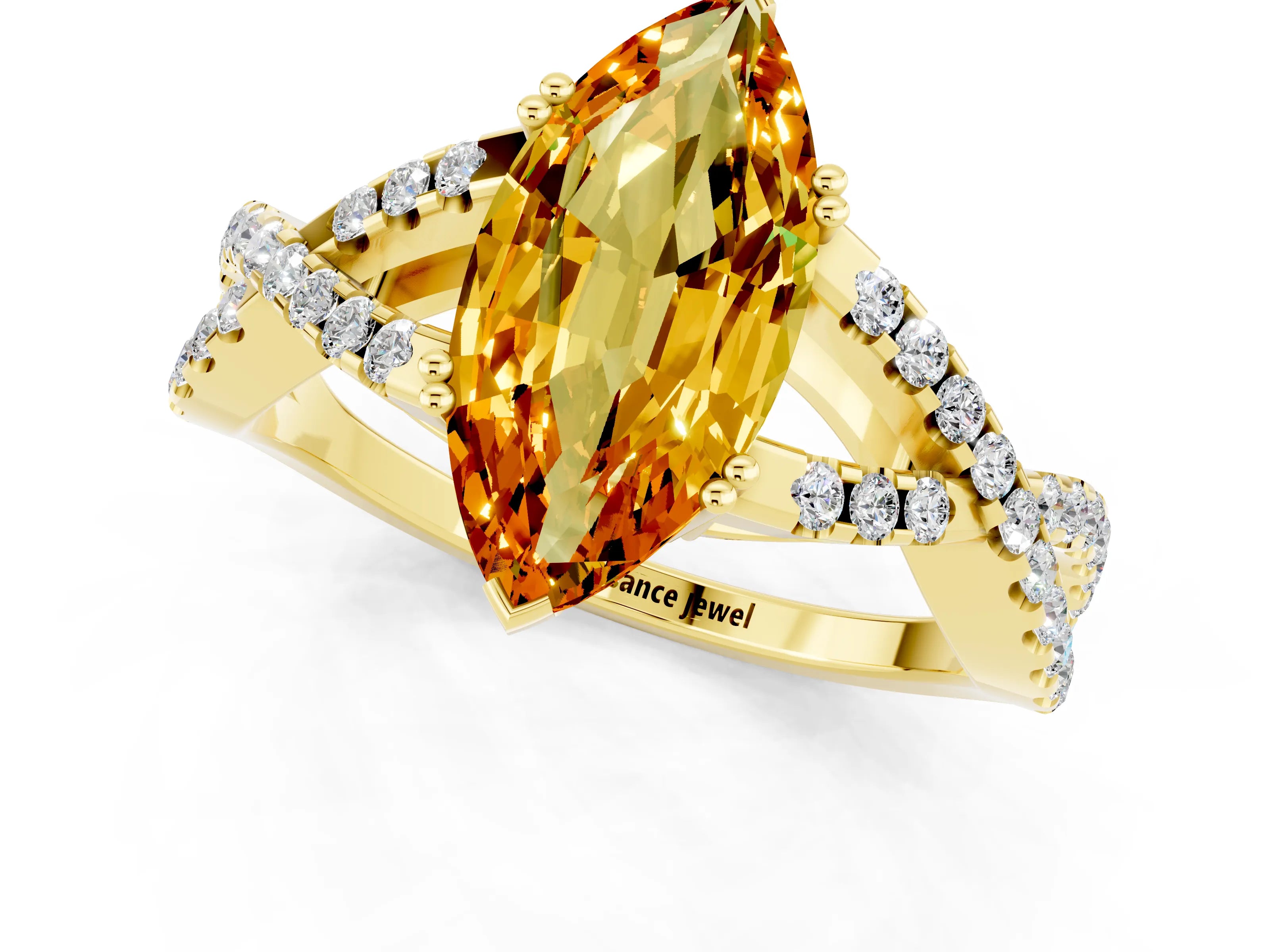 Yellow gold Marquise Cut Citrine Solitaire Ring with Four-Prong Setting and Twisted Pavé Band_1