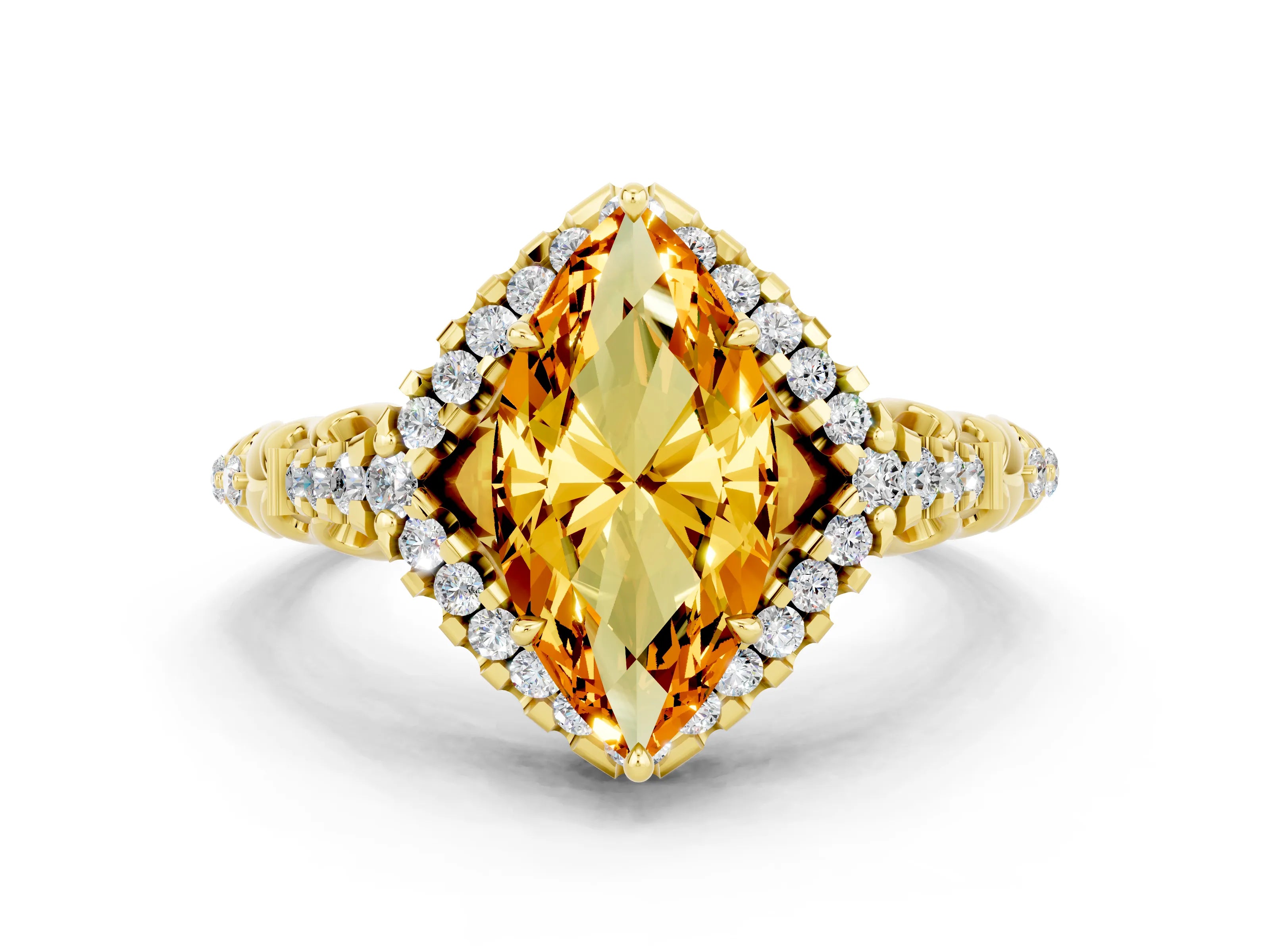 Yellow gold Marquise Cut Citrine Solitaire Ring with Hidden Halo and Pavé Band_12
