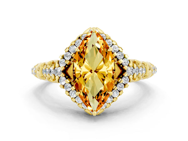 Yellow gold Marquise Cut Citrine Solitaire Ring with Hidden Halo and Pavé Band