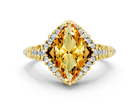 Yellow gold Marquise Cut Citrine Solitaire Ring with Hidden Halo and Pavé Band_12