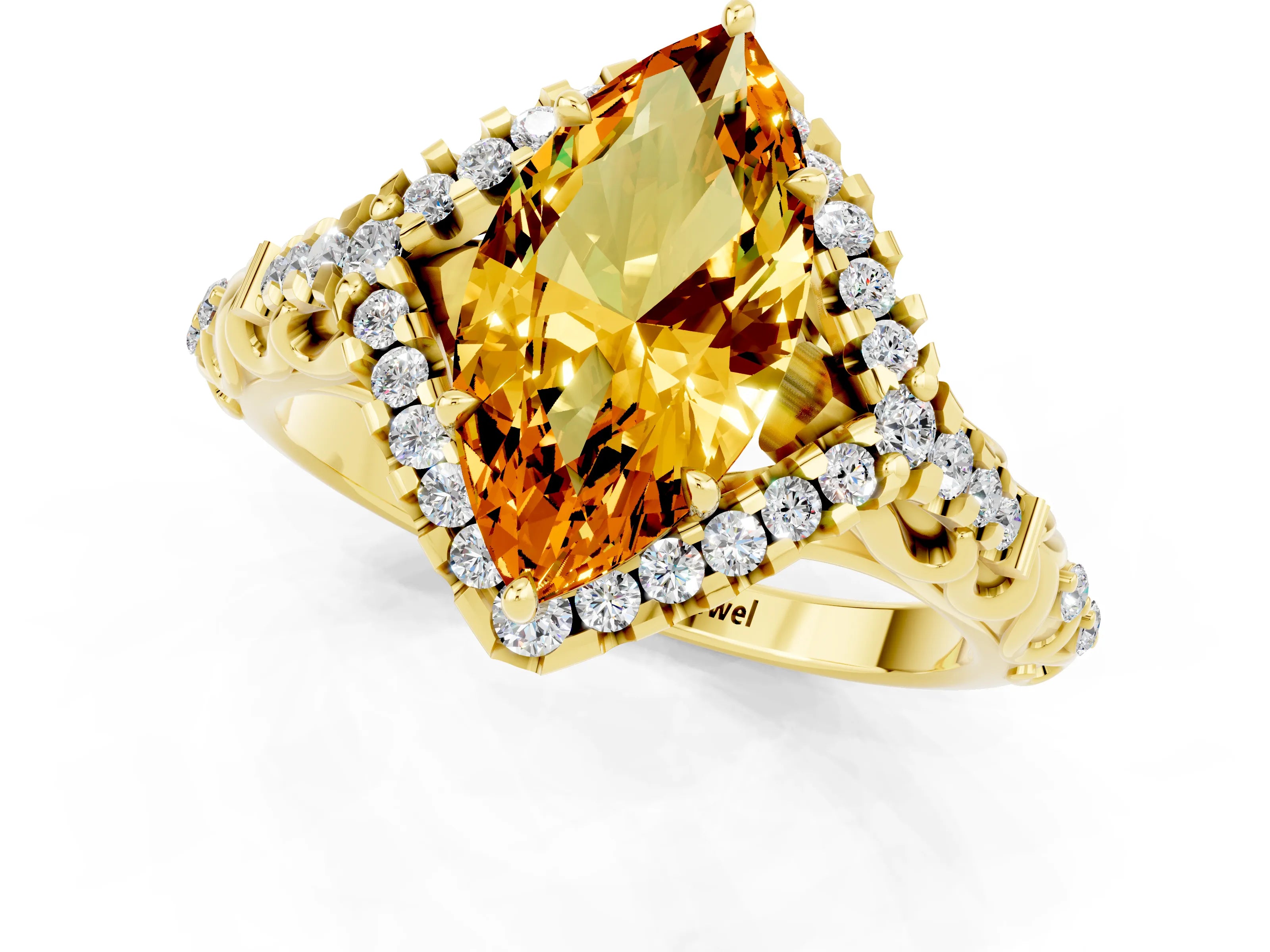 Yellow gold Marquise Cut Citrine Solitaire Ring with Hidden Halo and Pavé Band_13