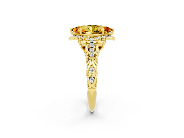 Yellow gold Marquise Cut Citrine Solitaire Ring with Hidden Halo and Pavé Band