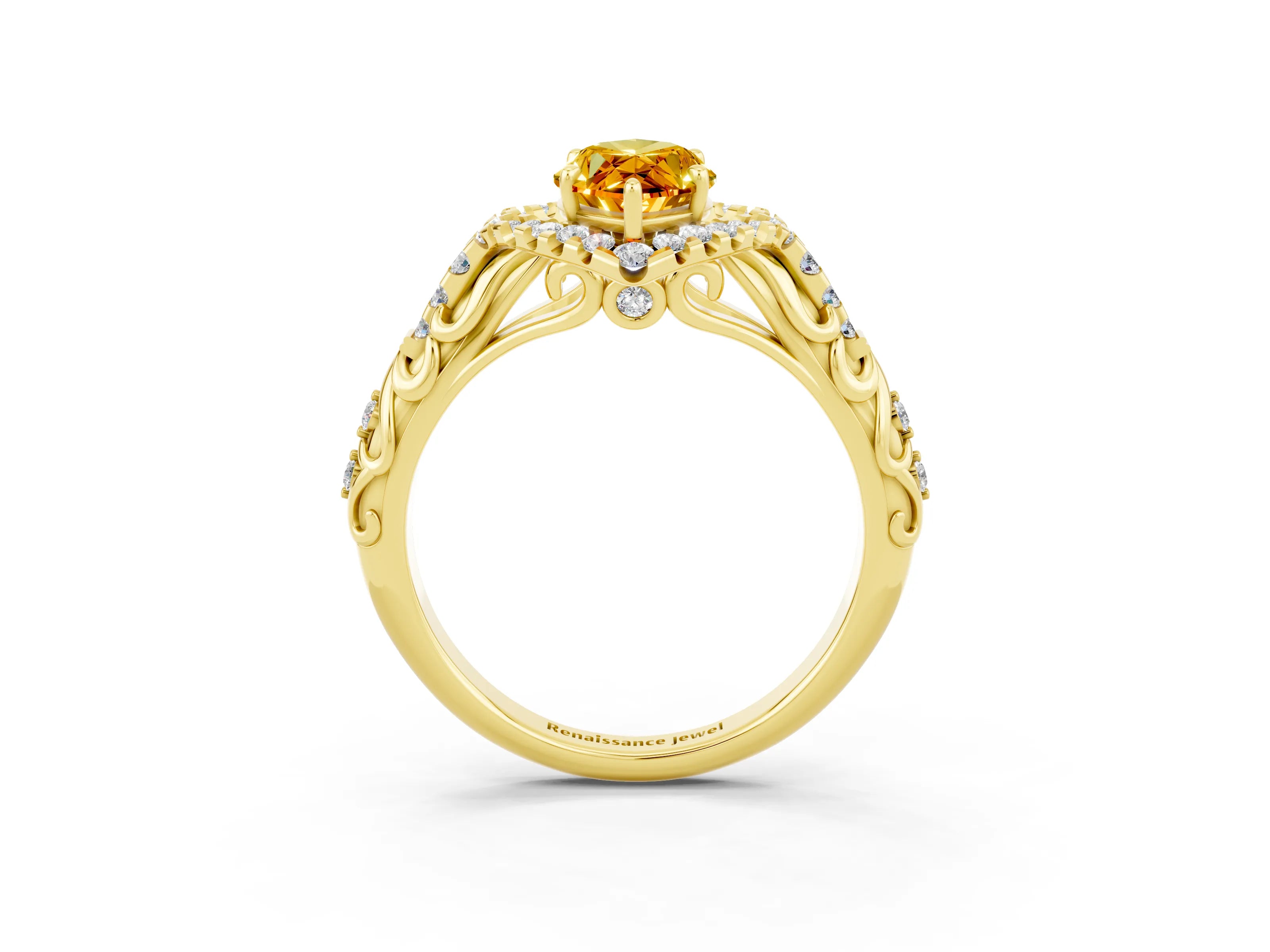 Yellow gold Marquise Cut Citrine Solitaire Ring with Hidden Halo and Pavé Band_15