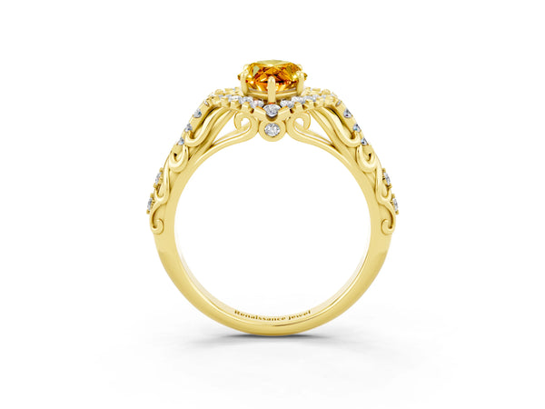Yellow gold Marquise Cut Citrine Solitaire Ring with Hidden Halo and Pavé Band