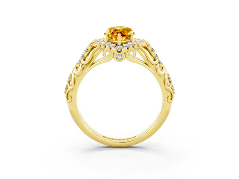 Yellow gold Marquise Cut Citrine Solitaire Ring with Hidden Halo and Pavé Band_15