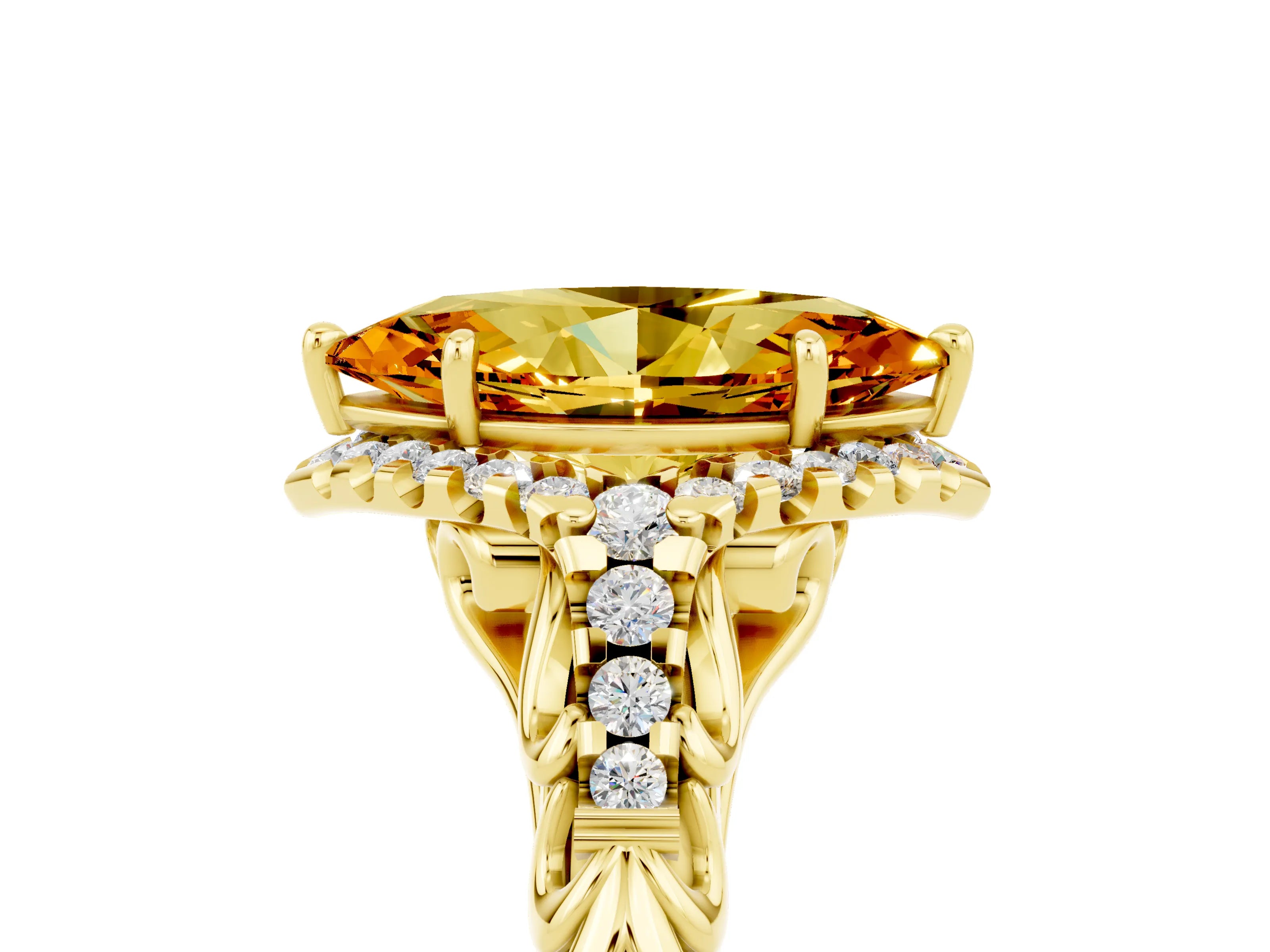Yellow gold Marquise Cut Citrine Solitaire Ring with Hidden Halo and Pavé Band_17