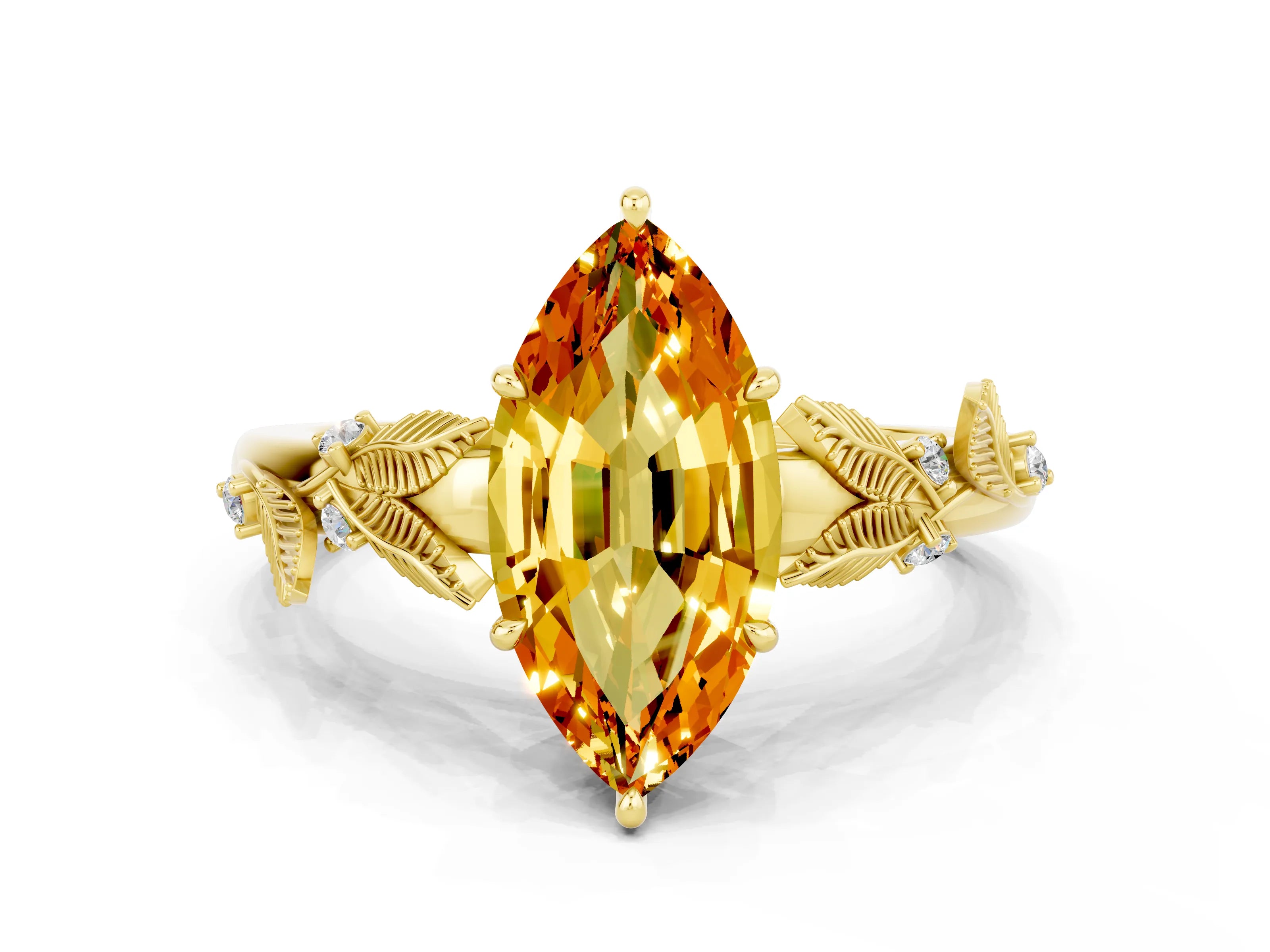 Yellow gold Marquise Cut Citrine Solitaire Ring with Leaf Motif Band and Four-Prong Setting
