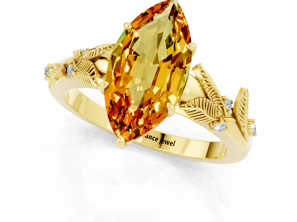 Yellow gold Marquise Cut Citrine Solitaire Ring with Leaf Motif Band and Four-Prong Setting