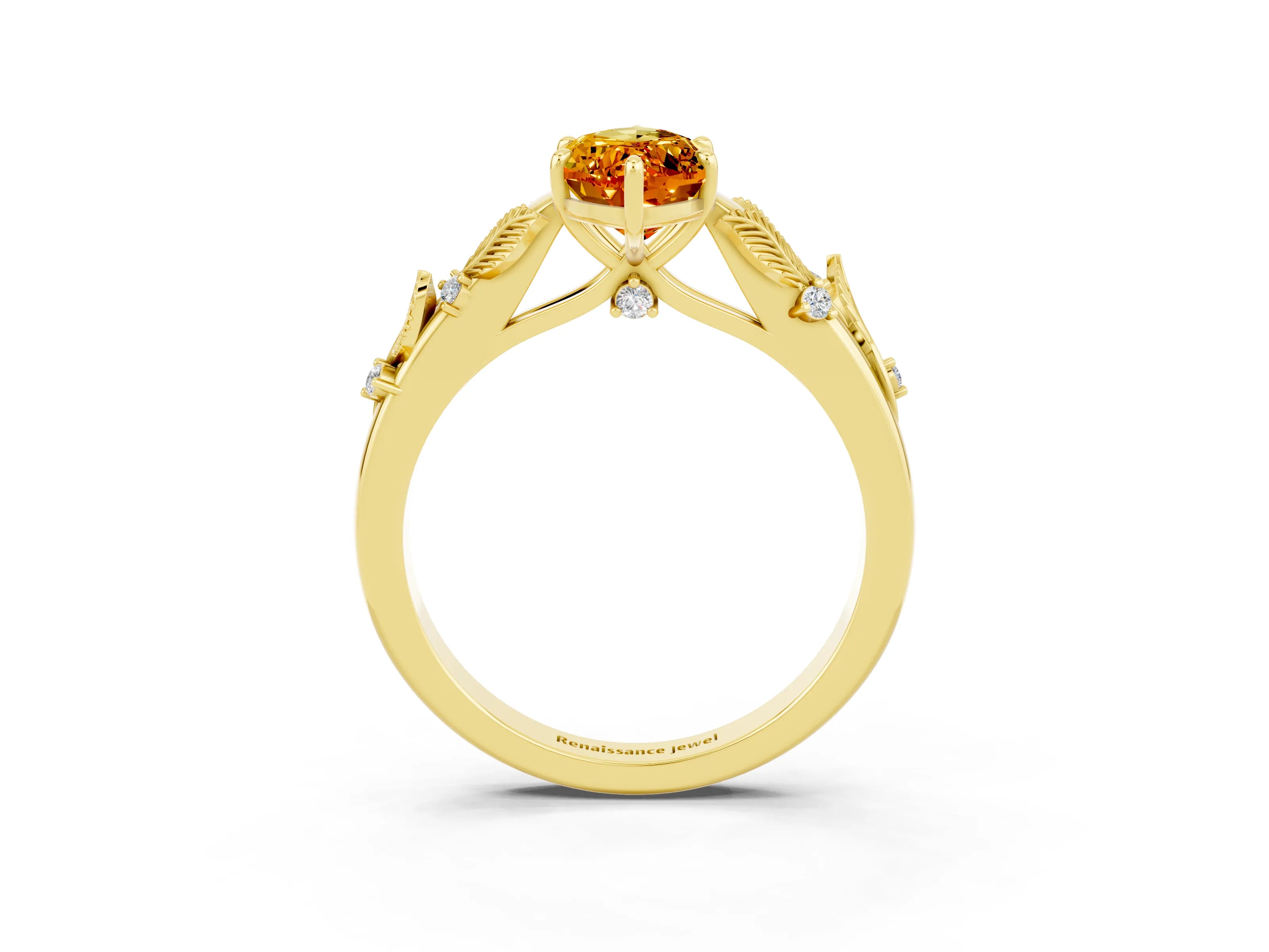 Yellow gold Marquise Cut Citrine Solitaire Ring with Leaf Motif Band and Four-Prong Setting_3