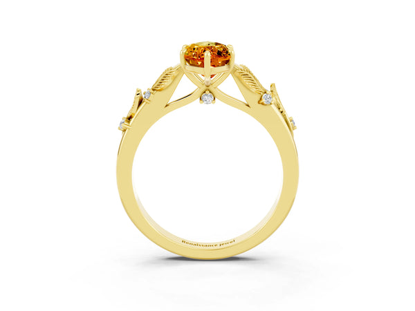 Yellow gold Marquise Cut Citrine Solitaire Ring with Leaf Motif Band and Four-Prong Setting