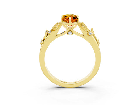 Yellow gold Marquise Cut Citrine Solitaire Ring with Leaf Motif Band and Four-Prong Setting_3