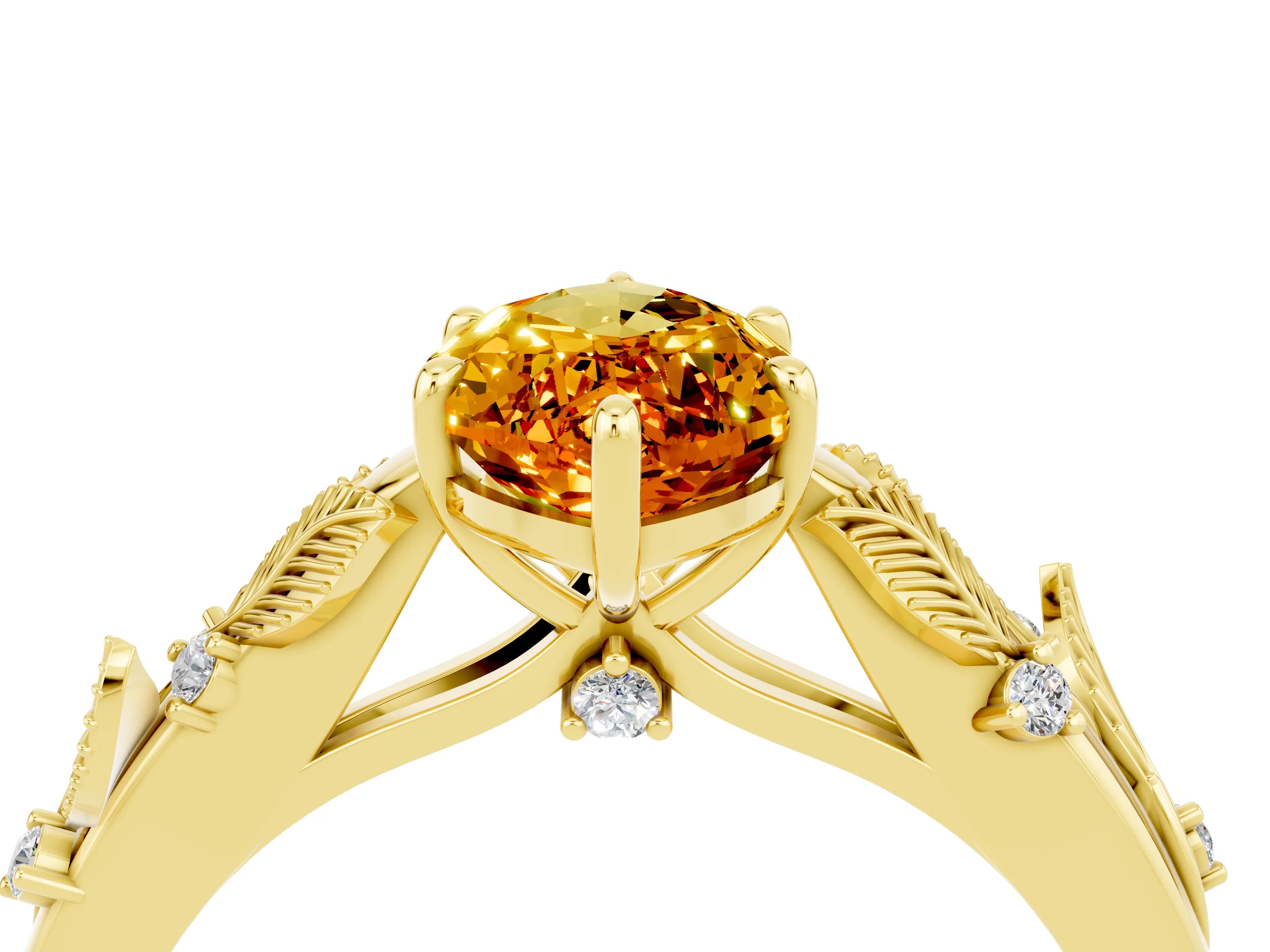 Yellow gold Marquise Cut Citrine Solitaire Ring with Leaf Motif Band and Four-Prong Setting_4