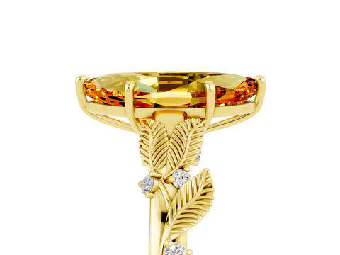 Yellow gold Marquise Cut Citrine Solitaire Ring with Leaf Motif Band and Four-Prong Setting_5