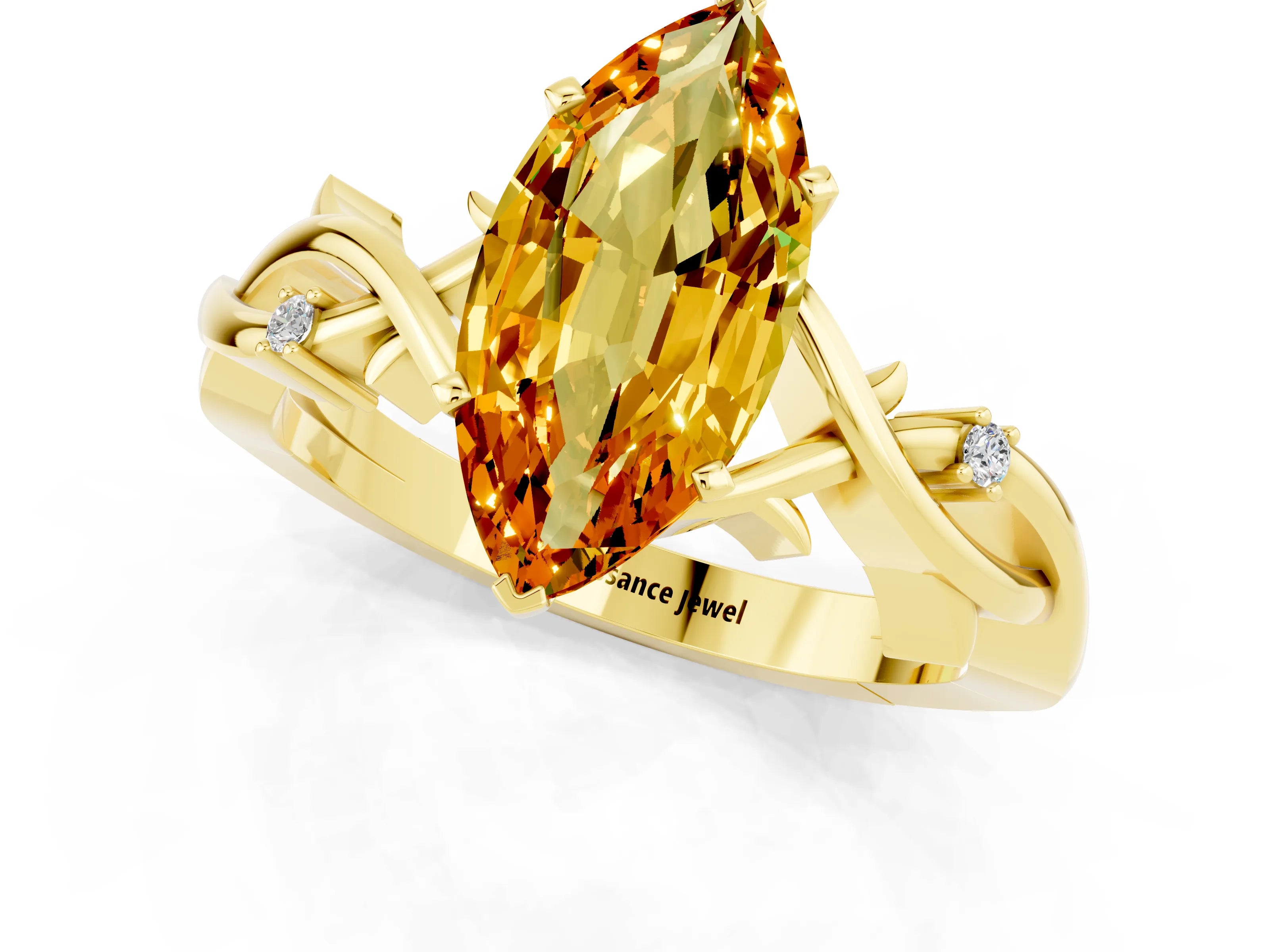 Yellow gold Marquise Cut Citrine Solitaire Ring with Milgrain Pavé Band and Four-Prong Setting_13