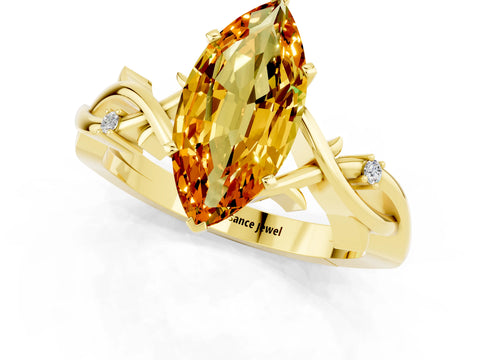 Yellow gold Marquise Cut Citrine Solitaire Ring with Milgrain Pavé Band and Four-Prong Setting_13