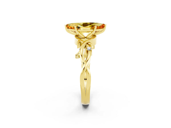 Yellow gold Marquise Cut Citrine Solitaire Ring with Milgrain Pavé Band and Four-Prong Setting