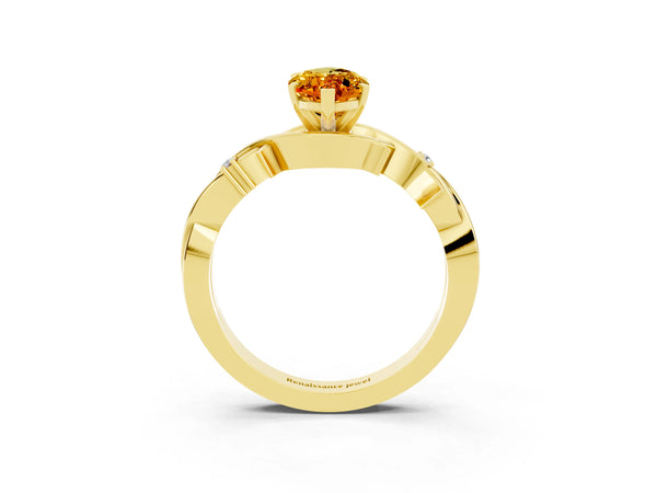 Yellow gold Marquise Cut Citrine Solitaire Ring with Milgrain Pavé Band and Four-Prong Setting