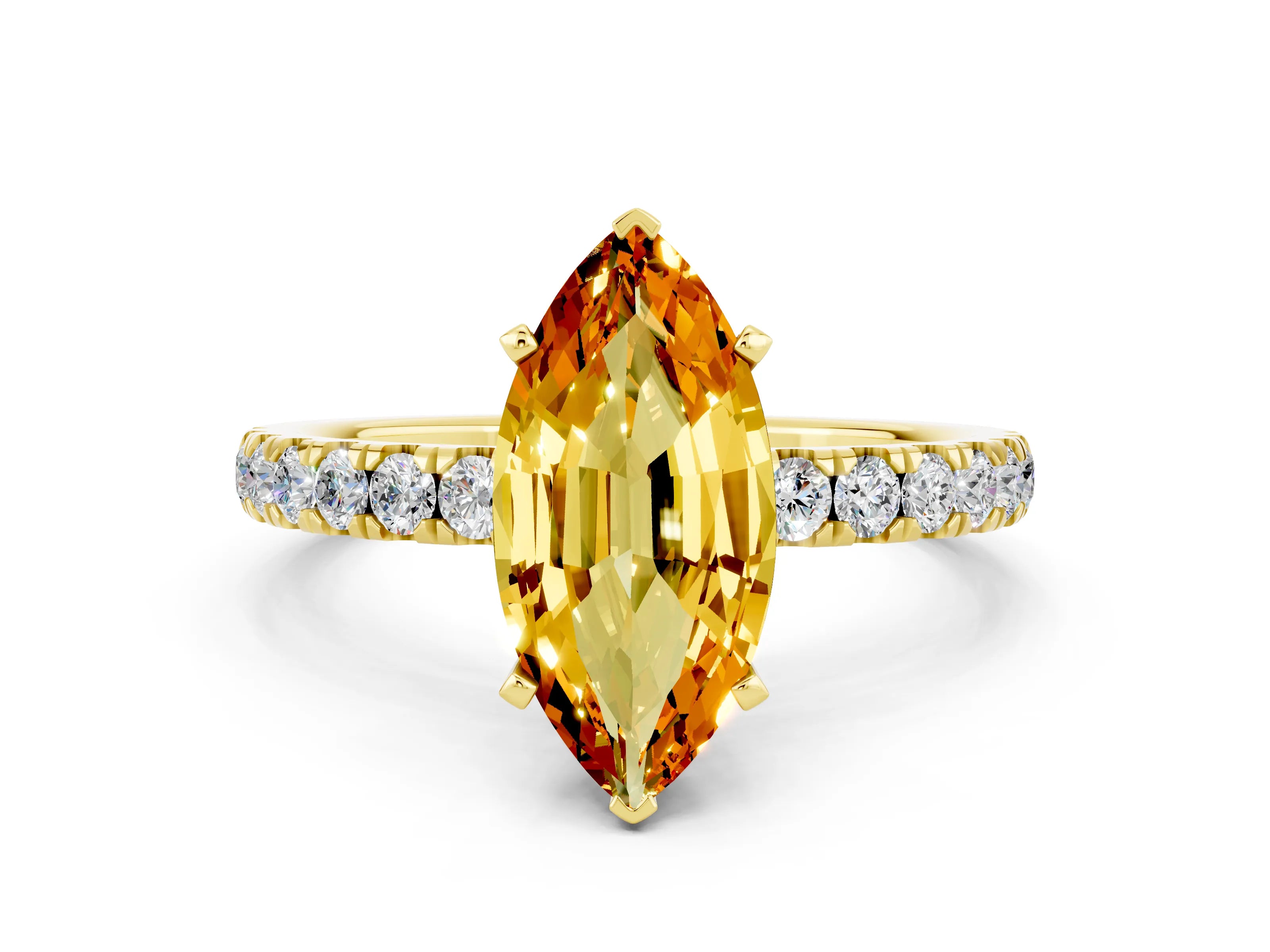 Yellow gold Marquise Cut Citrine Solitaire Ring with Pavé Accents and Four-Prong Setting