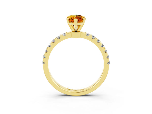 Yellow gold Marquise Cut Citrine Solitaire Ring with Pavé Accents and Four-Prong Setting