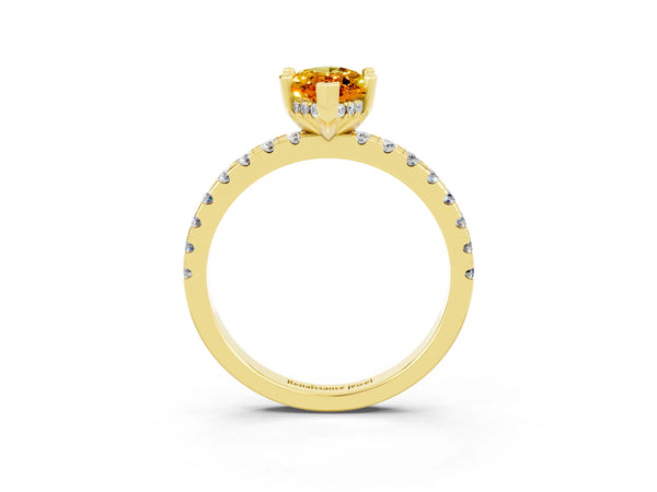 Yellow gold Marquise Cut Citrine Solitaire Ring with Round  Pavé Band and Four-Prong Setting