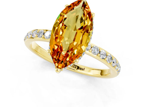 Yellow gold Marquise Cut Citrine Solitaire Ring with Pavé Band and Hidden Halo_13