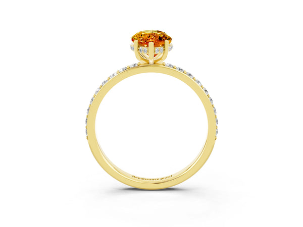 Yellow gold Marquise Cut Citrine Solitaire Ring with Pavé Band and Hidden Halo