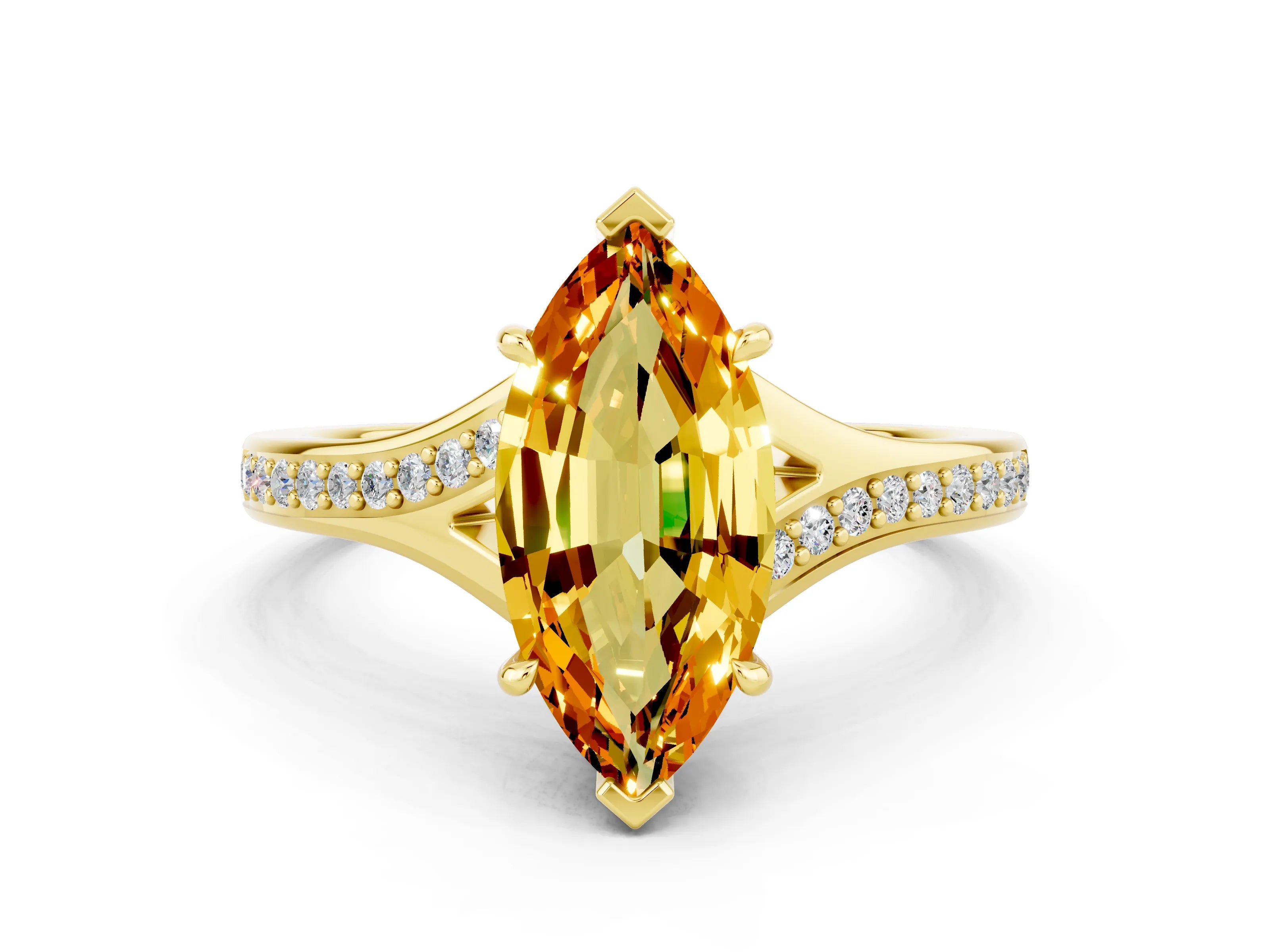 Yellow gold Marquise Cut Citrine Solitaire Ring with Pavé Band and Prong Setting