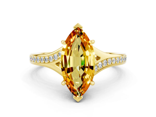 Yellow gold Marquise Cut Citrine Solitaire Ring with Pavé Band and Prong Setting