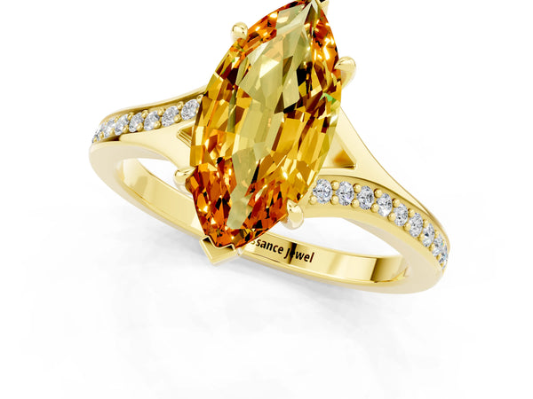 Yellow gold Marquise Cut Citrine Solitaire Ring with Pavé Band and Prong Setting