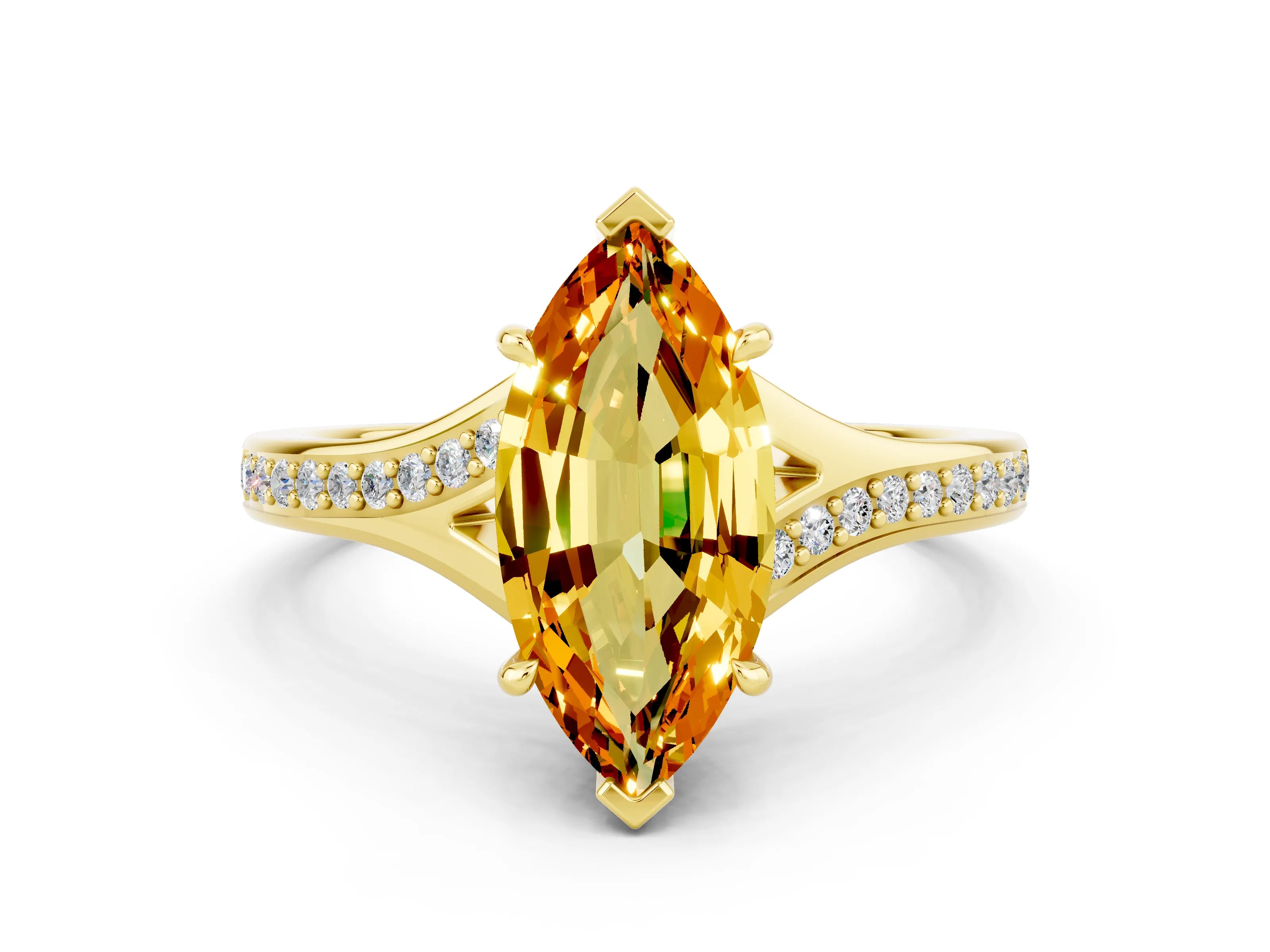 Yellow gold Marquise Cut Citrine Solitaire Ring with Pavé Band and Prong Setting_12