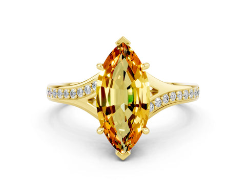 Yellow gold Marquise Cut Citrine Solitaire Ring with Pavé Band and Prong Setting_12