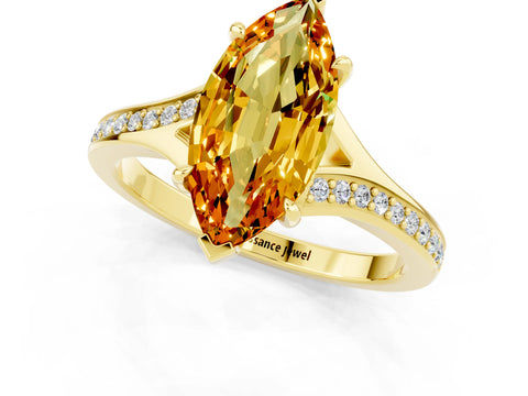 Yellow gold Marquise Cut Citrine Solitaire Ring with Pavé Band and Prong Setting_13