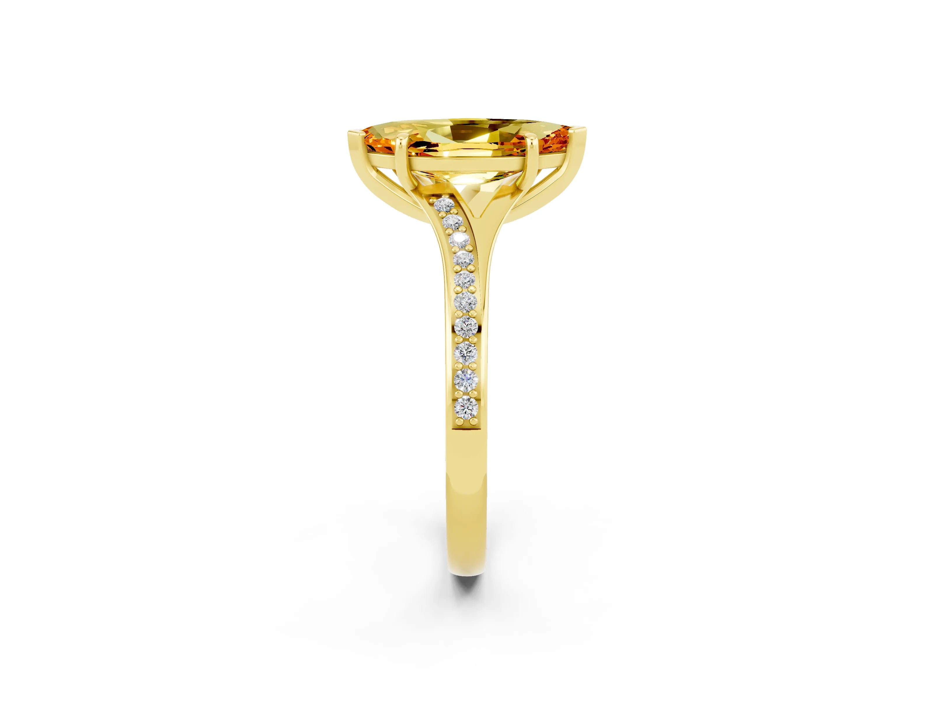 Yellow gold Marquise Cut Citrine Solitaire Ring with Pavé Band and Prong Setting_14