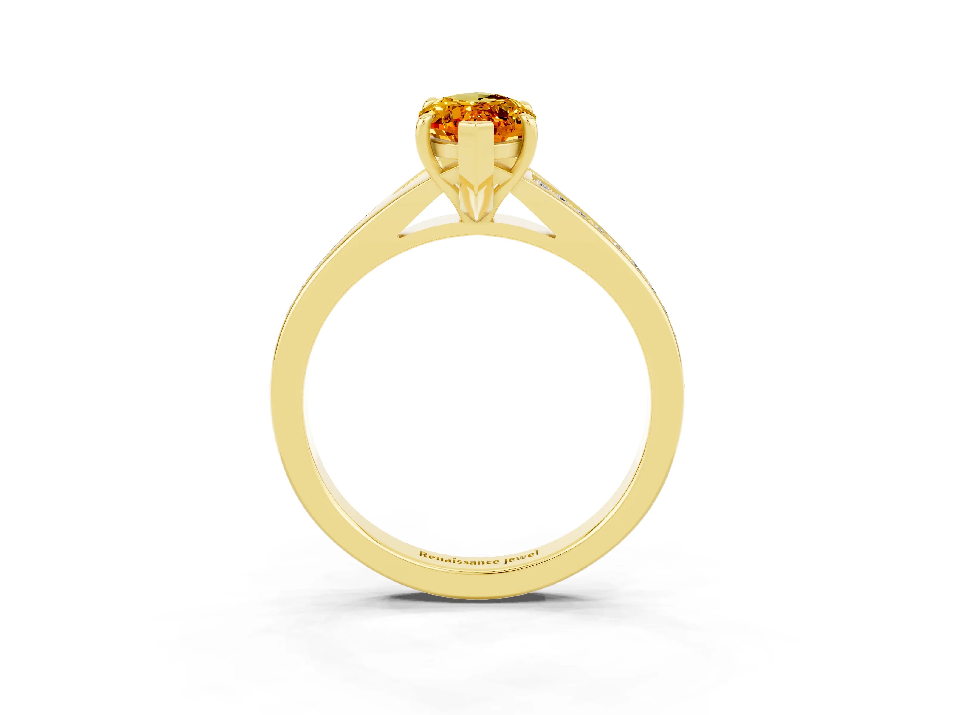 Yellow gold Marquise Cut Citrine Solitaire Ring with Pavé Band and Prong Setting_15