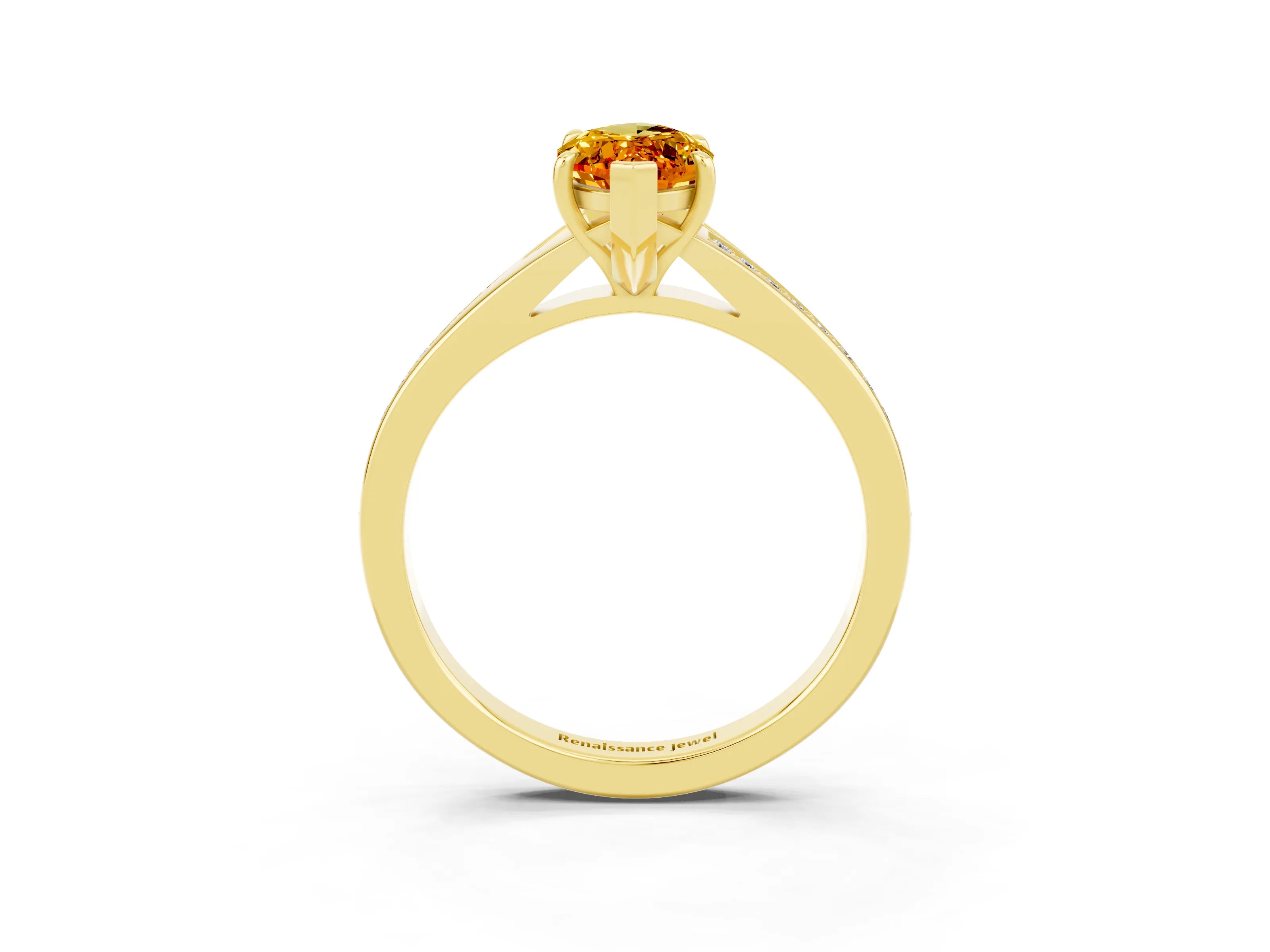 Yellow gold Marquise Cut Citrine Solitaire Ring with Pavé Band and Prong Setting_3