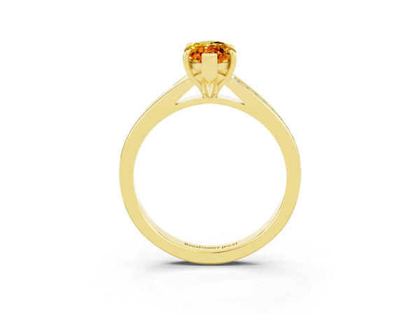 Yellow gold Marquise Cut Citrine Solitaire Ring with Pavé Band and Prong Setting