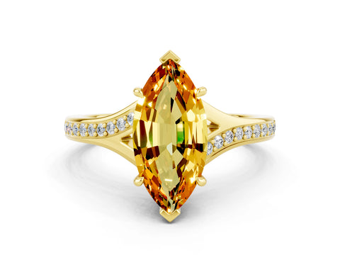 Yellow gold Marquise Cut Citrine Solitaire Ring with Pavé Band and Prong Setting