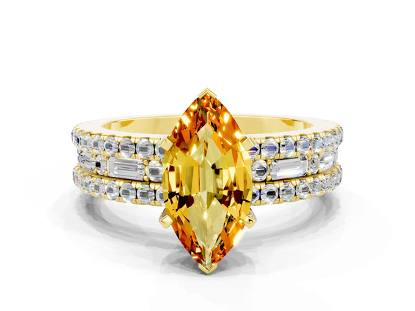Yellow gold Marquise Cut Citrine Solitaire Ring with Pavé and Channel Set Band