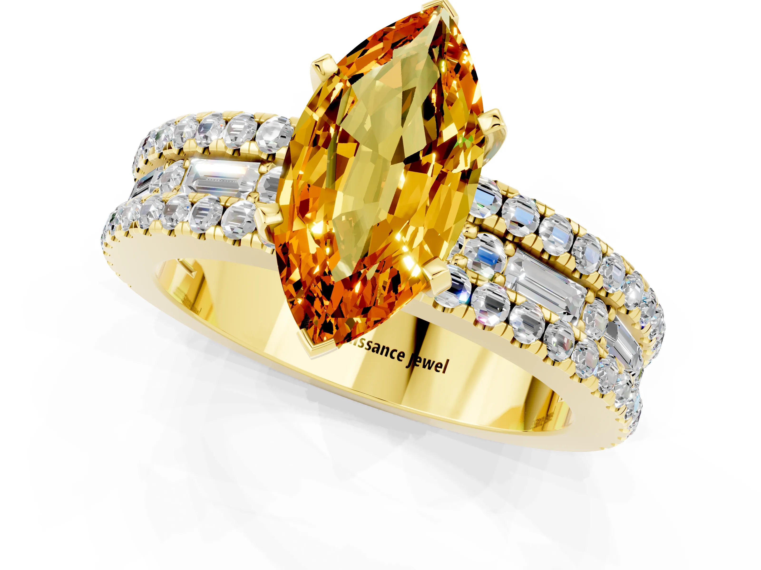 Yellow gold Marquise Cut Citrine Solitaire Ring with Pavé and Channel Set Band_1