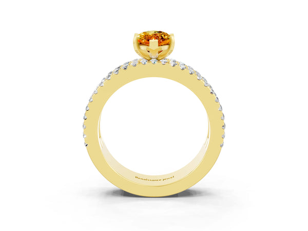 Yellow gold Marquise Cut Citrine Solitaire Ring with Pavé and Channel Set Band
