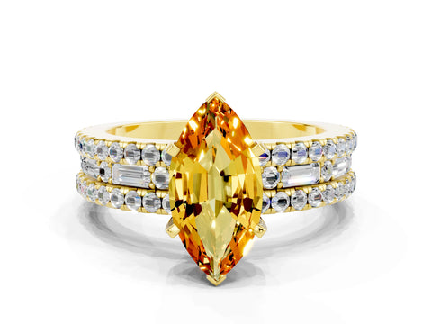 Yellow gold Marquise Cut Citrine Solitaire Ring with Pavé and Channel Set Band