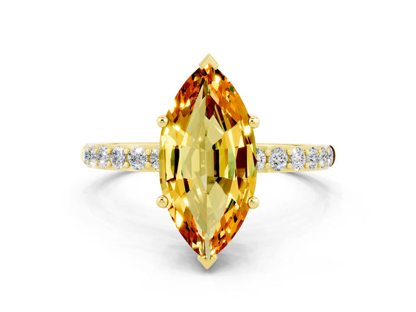 Yellow gold Marquise Cut Citrine Solitaire Ring with Round  Pavé Band and Prong Setting