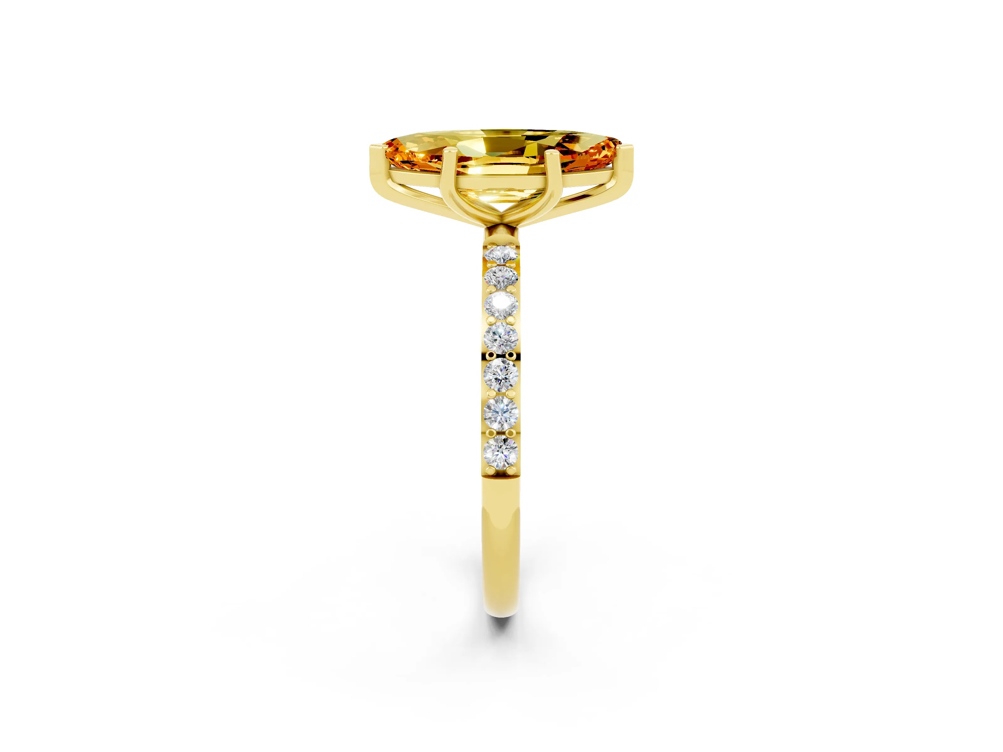 Yellow gold Marquise Cut Citrine Solitaire Ring with Pave Band and Four Prong Setting_26