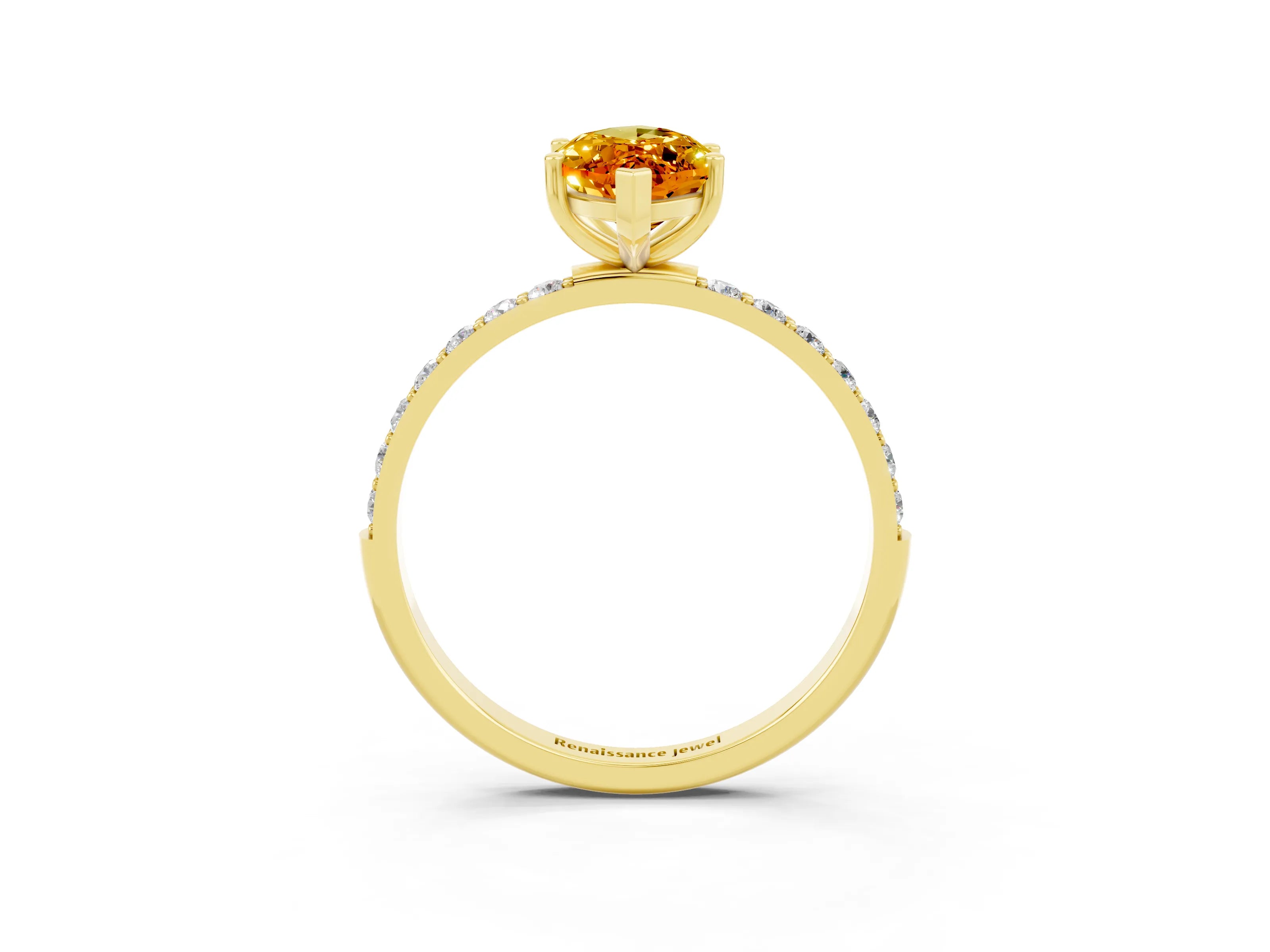 Yellow gold Marquise Cut Citrine Solitaire Ring with Pave Band and Four Prong Setting_27